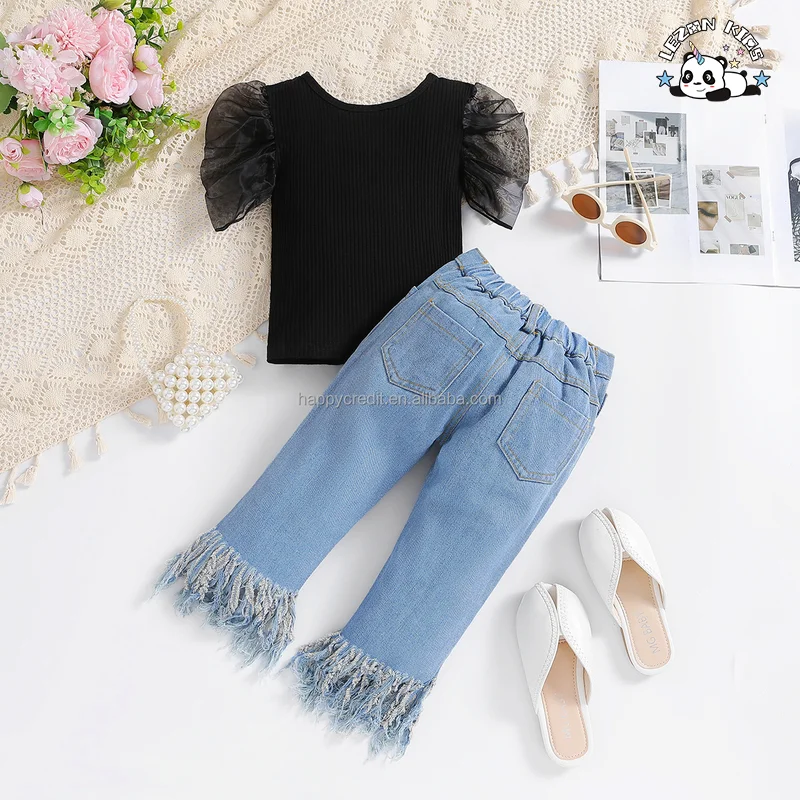 LEZONKIDS - Customizable Ruffle T Shirt and Long Pant 2 Pieces Little Girls Summer Clothing Sets